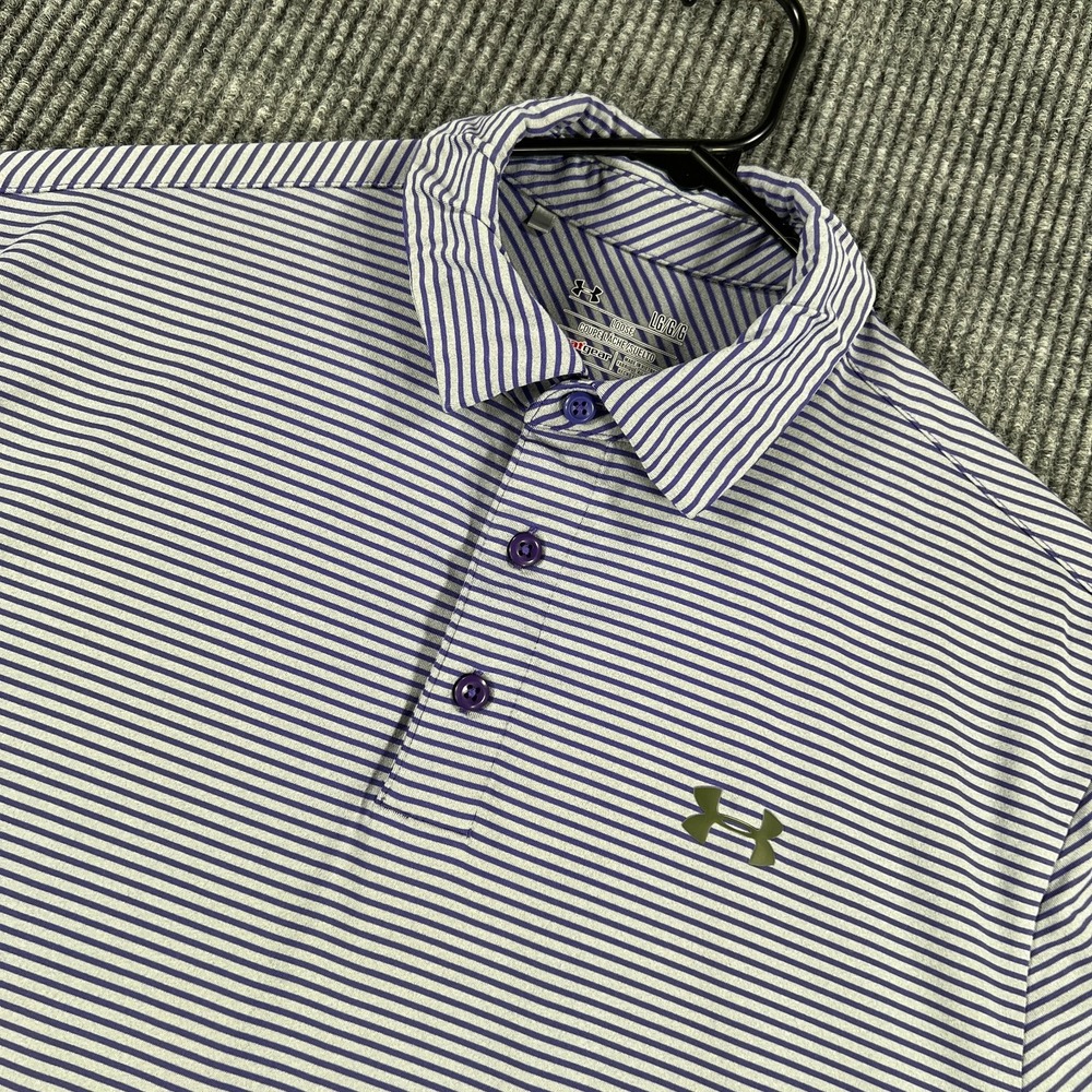 Under Armour‎ Performance Polo Shirt Mens Large Gray Purple Striped HeatGear